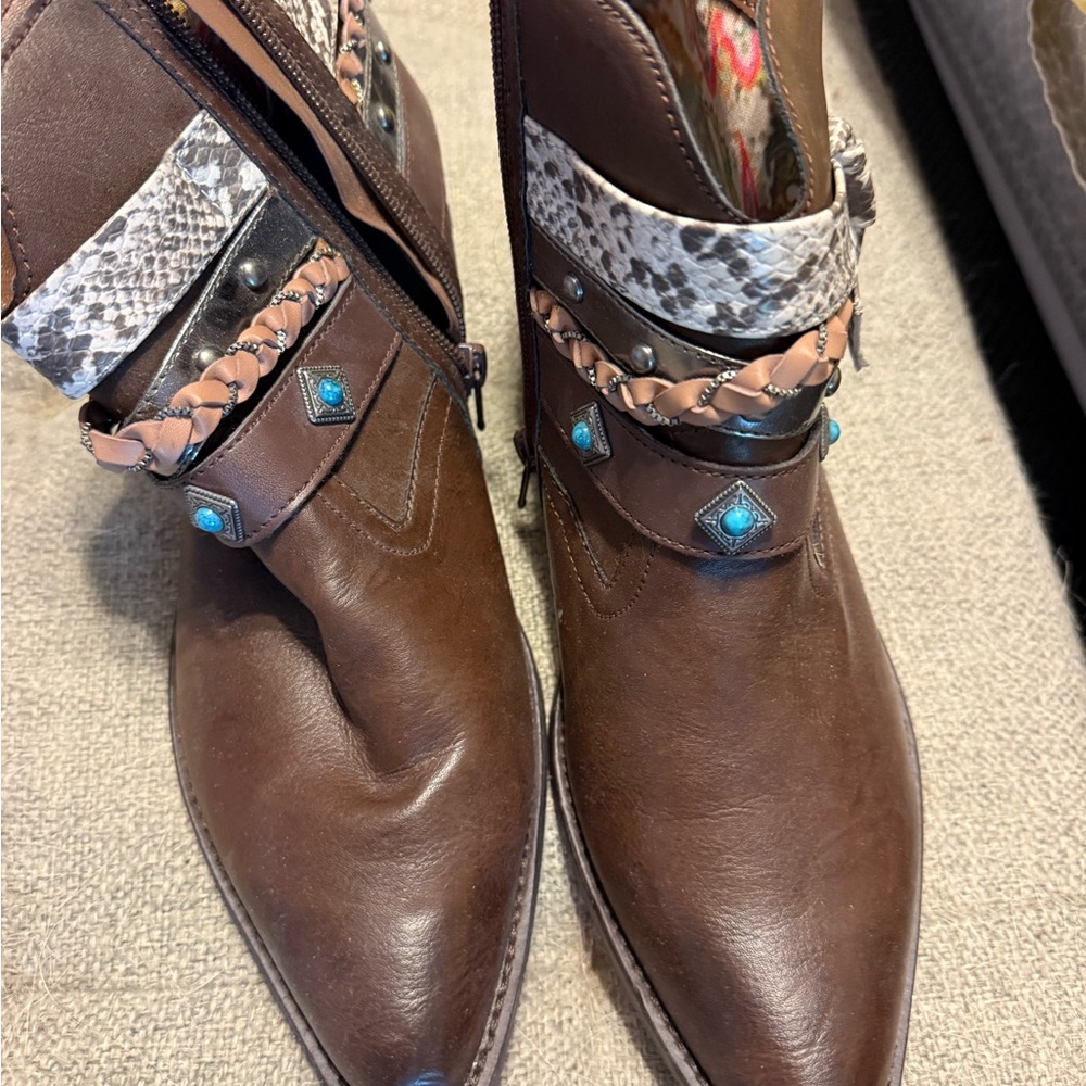 Miranda by Miranda Lambert Brown Leather Ankle Boots with Turquoise Accents